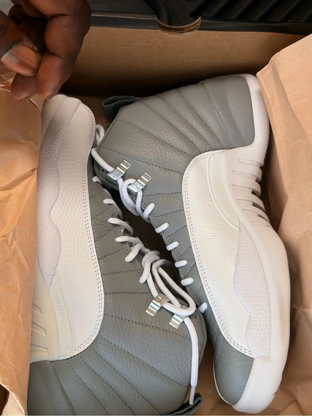 Men's Grey and White Jordan 12 Basketball Sneakers